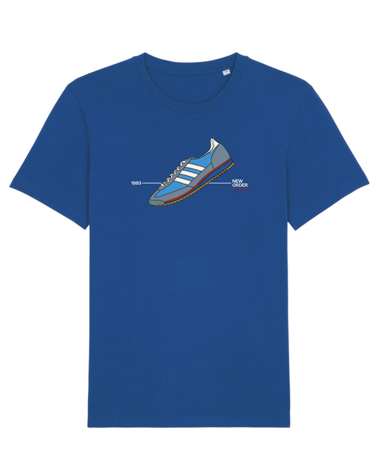 Royal Blue tshirt with Social Recluse graphic illustration of adidas SL72 trainer sneaker. Reference to New Order song Blue Monday FAC 73
