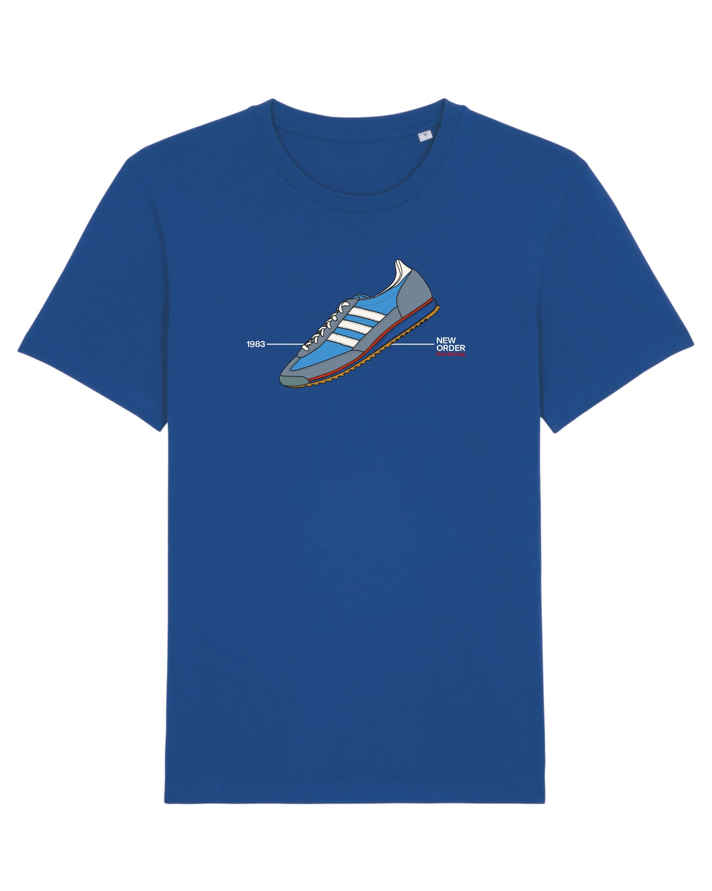 Royal Blue tshirt with Social Recluse graphic illustration of adidas SL72 trainer sneaker. Reference to New Order song Blue Monday FAC 73