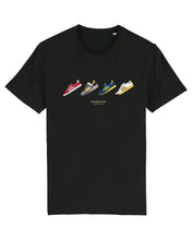 Load image into Gallery viewer, Black &#39;Saturdays Kids&#39; t-shirt showcasing graphics of trainers: red Gazelles, ZX600, TRX McVicar, and Forest Hills sneakers. Social Recluse
