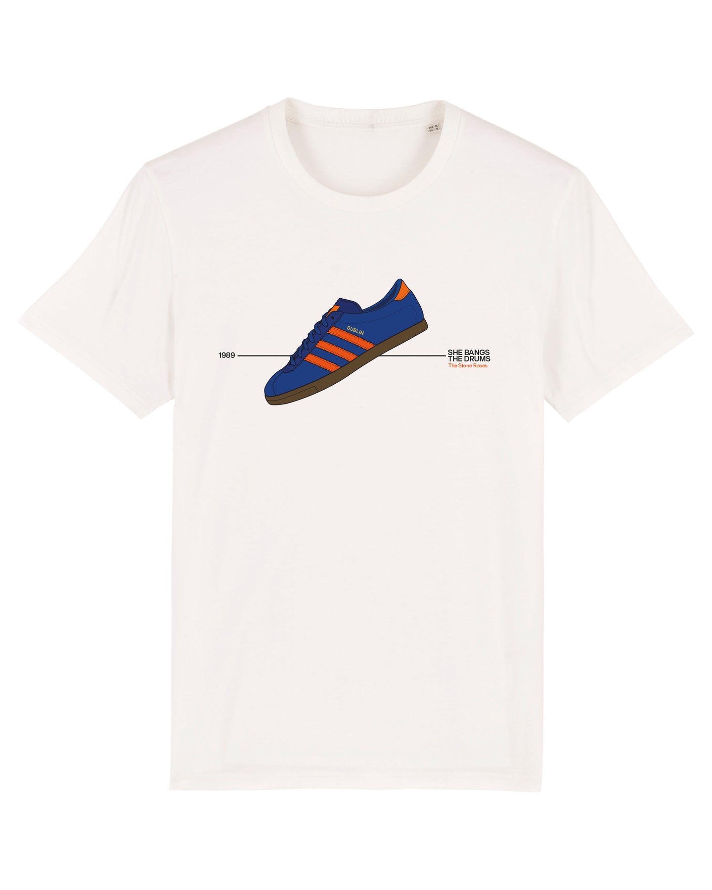 White tshirts with illustration of Adidas Dublin sneaker /  trainer with reference to The Stone Roses, She Bangs The Drums song. Social Recluse