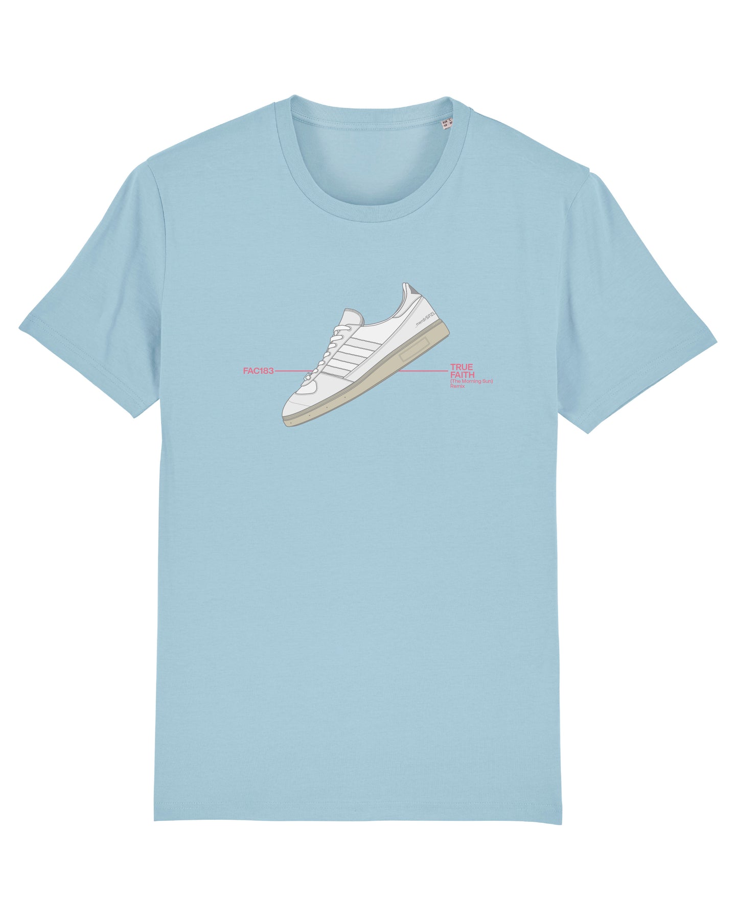 Sky Blue tshirt with Social Recluse graphic illustration of Adidas Spezial trainer sneaker. Reference to New Order song True Faith FAC 183
