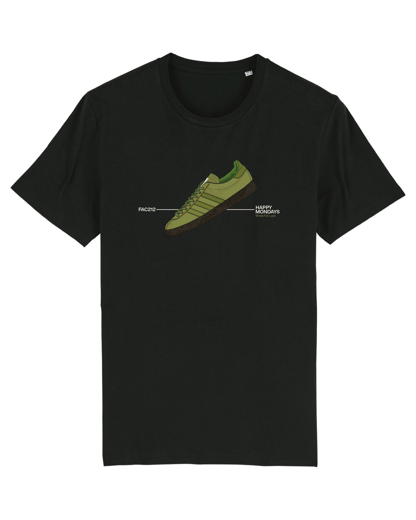 Black tshirt with graphic illustration of Adidas Ardwick trainers (Nigel Lawson inspired) Reference to Happy Mondays song Wrote For Luck - FAC 212 - Factory Records - Social Recluse
